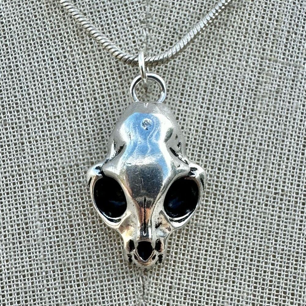 cat skull Sterling  Silver Pendant Necklace